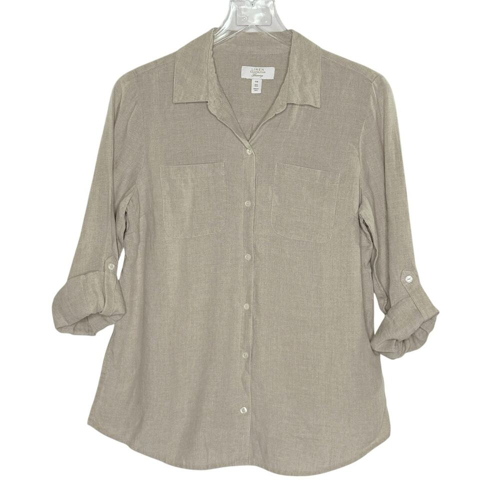 Charter Club Luxury Linen Roll Tab Button Down Shirt Medium Petite Flax Color